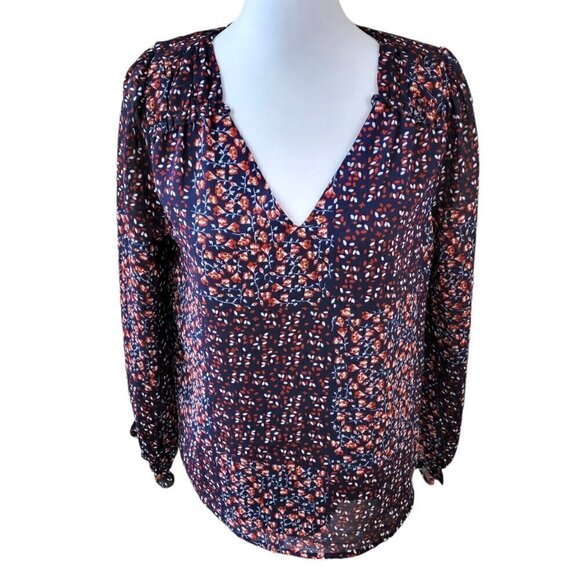 Skies Are Blue Tops - Skies Are Blue Long Sleeve Blouse Navy Floral V-Neck Top Womens Size XS